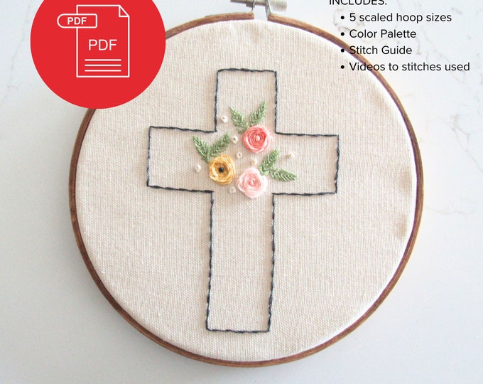 Hand Embroidery Easter Cross Pattern Christian Theme Wall Decor Downloadable PDF Floral Cross FULL PATTERN