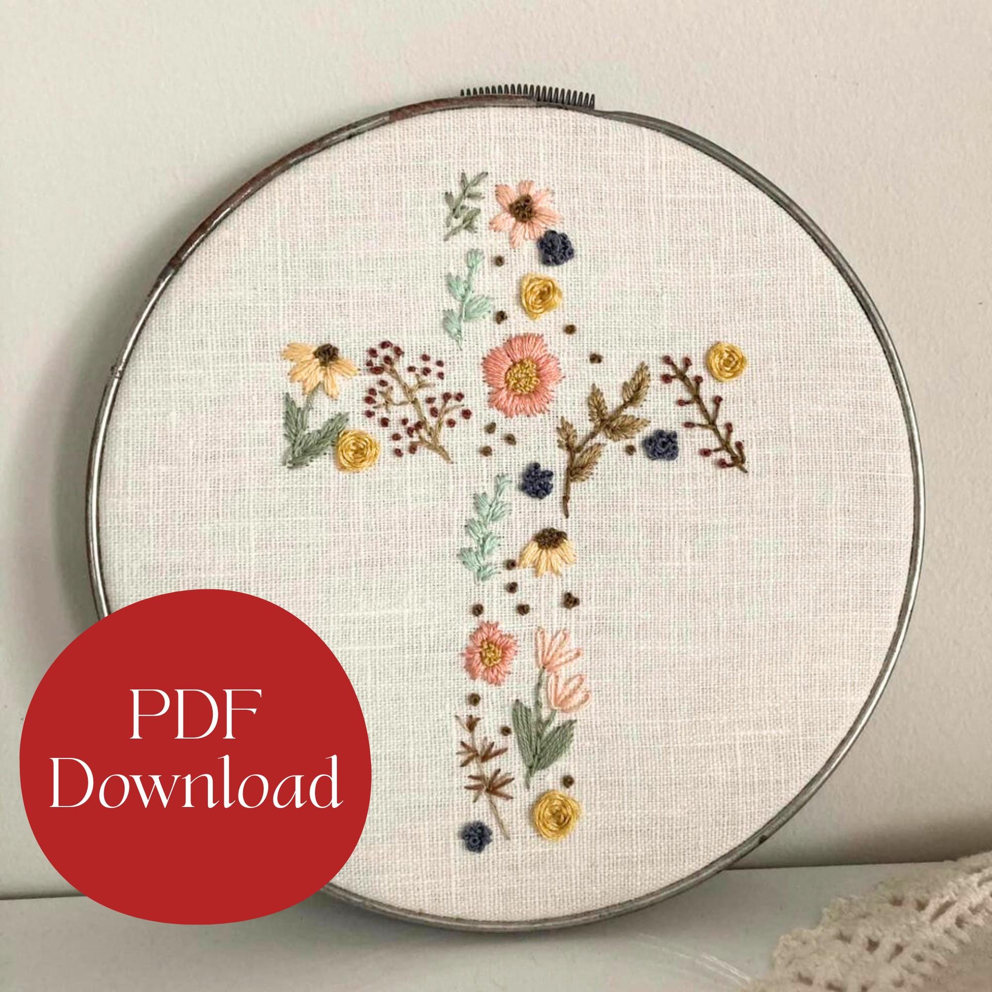 Hand Embroidery Pattern Fall Floral Cross Christian Theme Wall Decor Downloadable FULL PDF PATTERN