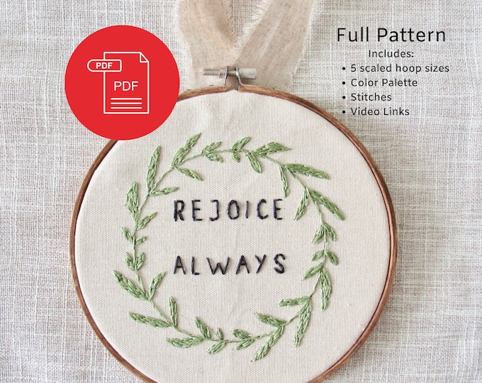 Rejoice Wreath Hand Embroidery Pattern, Full Pattern, Christian Embroidery, Wall Decor, Botanical, Home Decor Downloadable PDF,
