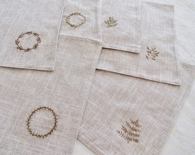 Hand Embroidered Linen Placemats Set of 6 Farmhouse Minimalist Holiday Wreath Gift Giving 3 Wreaths 3 Botanical