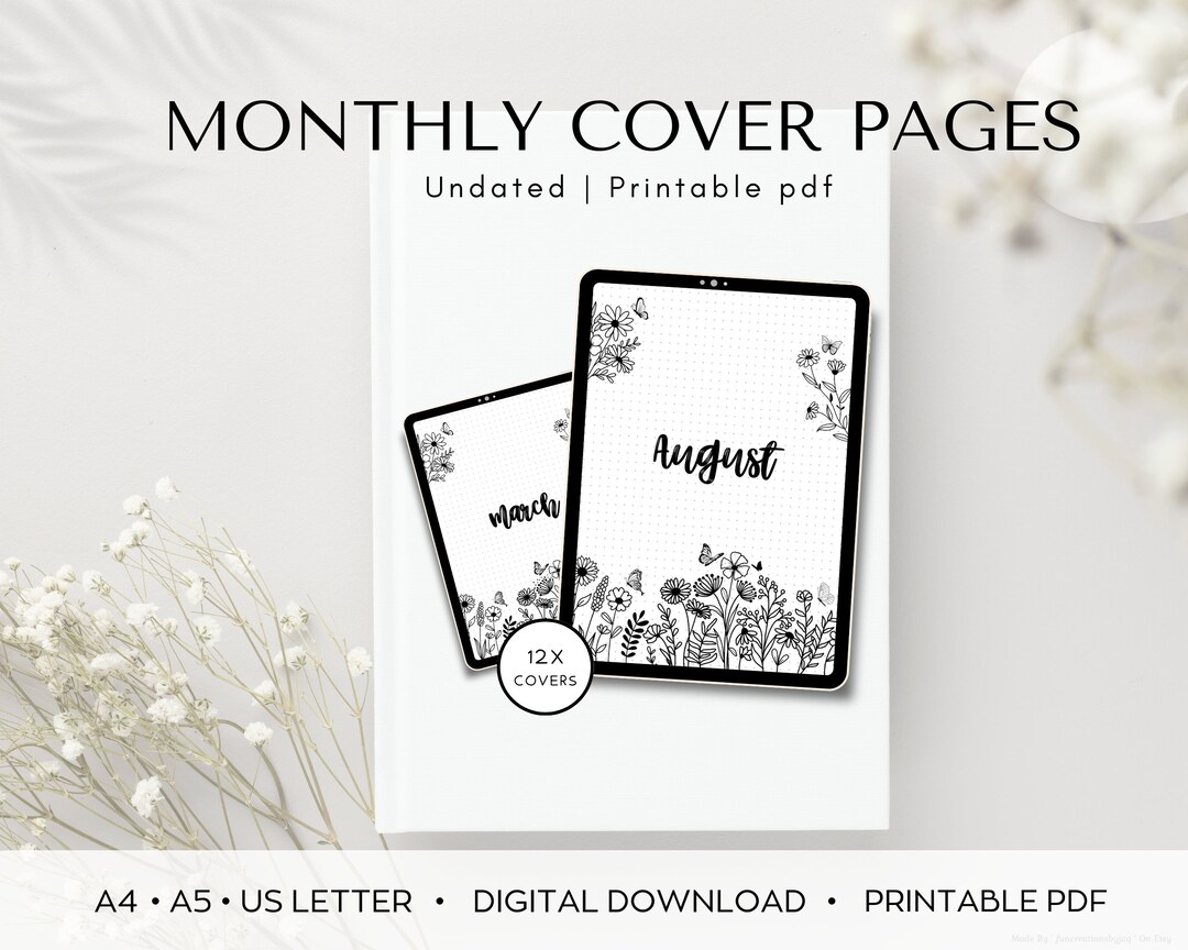 Monthly Cover Pages Floral and Butterfly Theme Bullet Journal Pack, 12 Monthly Printable Cover ...