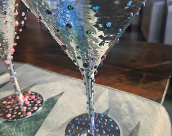 SET OF 4!! Rhinestone Martini Glasses. Bling Stainless Steel.