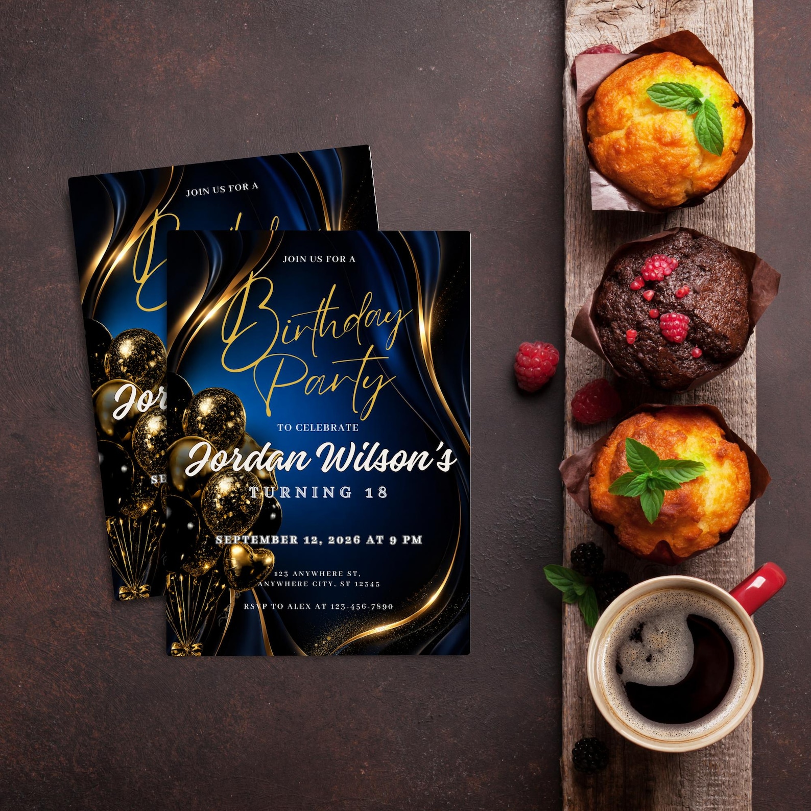 18th Birthday Invitation Template | Elegant Blue Gold Party Invite ...
