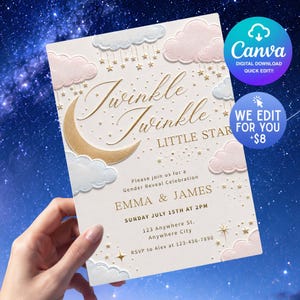 May include: A rectangular invitation card featuring a gold crescent moon, pink and white clouds, and gold stars. The text reads Twinkle Twinkle Little Star, Please join us for a Gender Reveal Celebration, Emma & James, Sunday July 15th at 2pm.