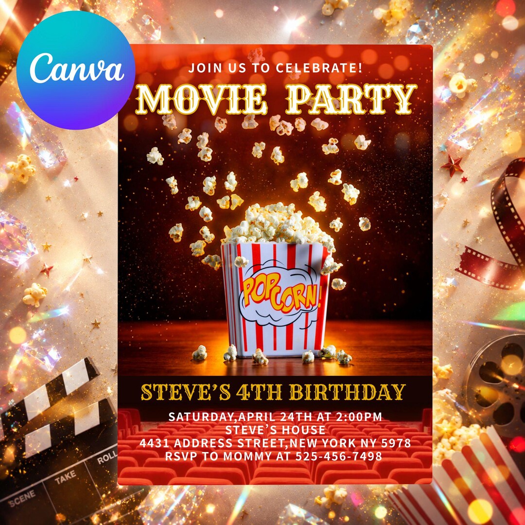 Movie Party Birthday Invitation Editable Canva | Cinema Popcorn ...