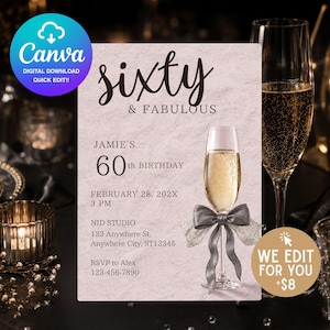 以下が含まれることがあります： sixty & fabulous, Jamie's 60th birthday, February 28, 202X, 3 PM, Nid Studio, 123 Anywhere St, Anywhere City, ST12345, RSVP to Alex 123-456-7890の文字とシャンパングラスのグラフィックが描かれた長方形の誕生日招待状カード。