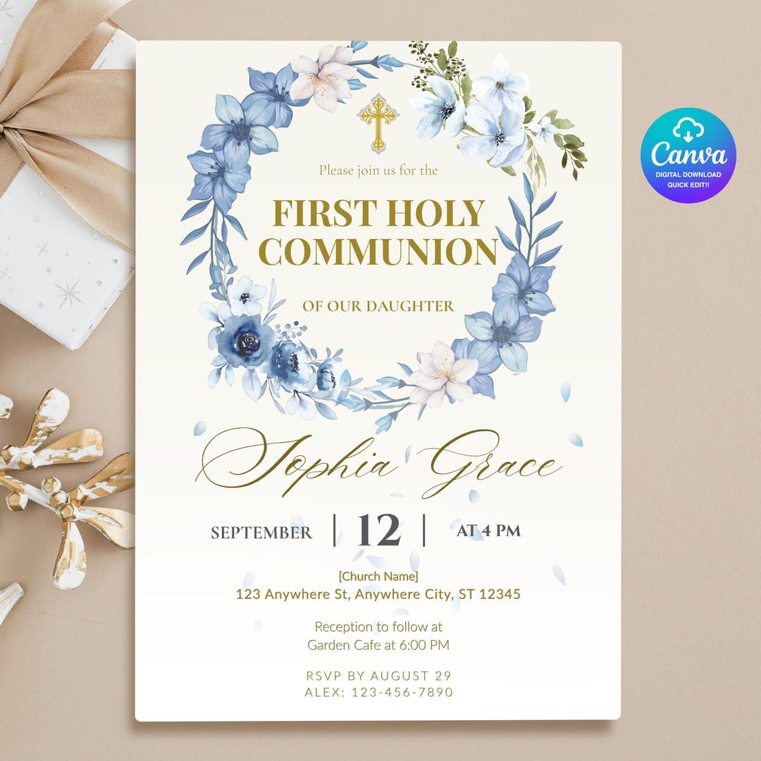 Blue Floral First Holy Communion Invitation Template for Girl ...