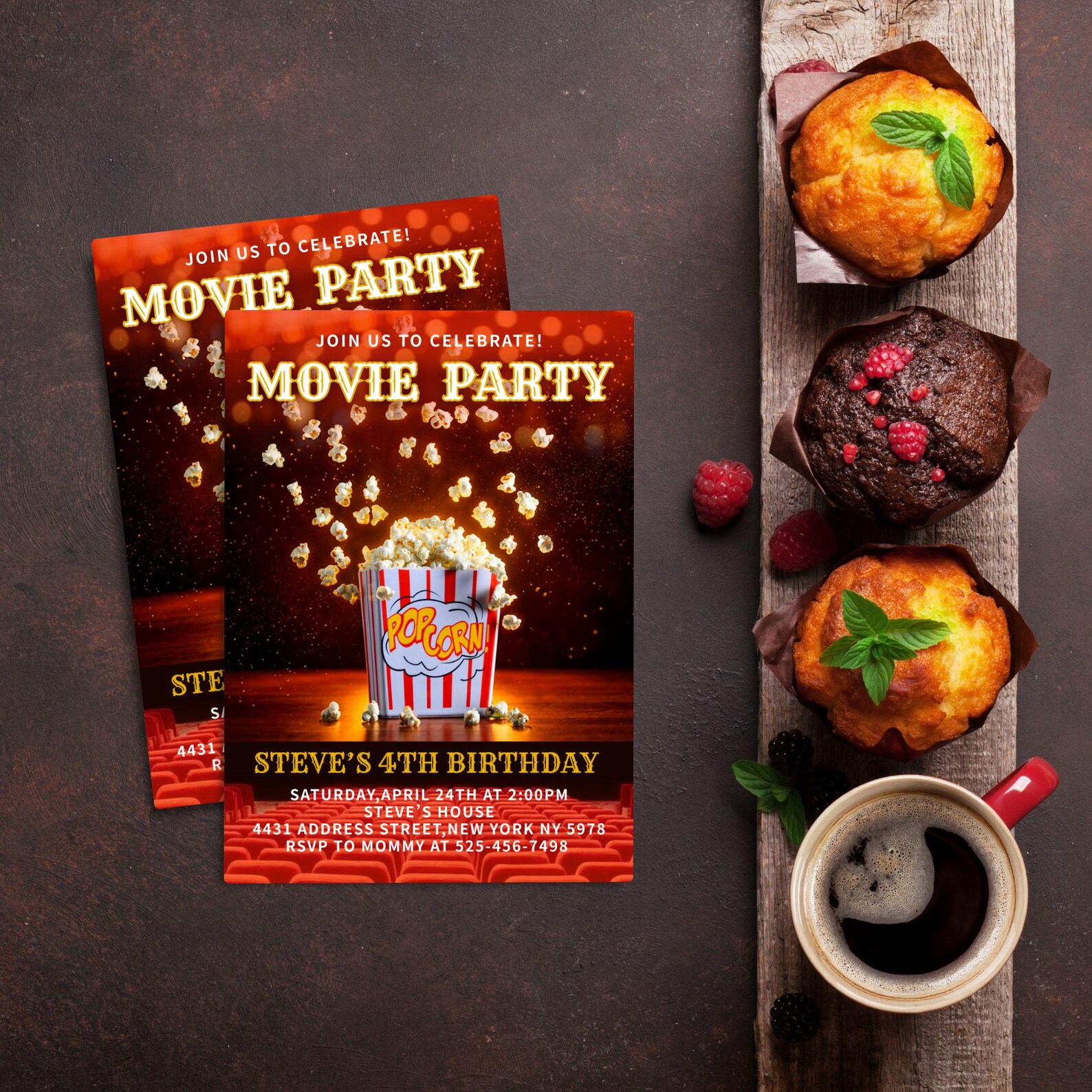 Movie Party Birthday Invitation Editable Canva | Cinema Popcorn ...