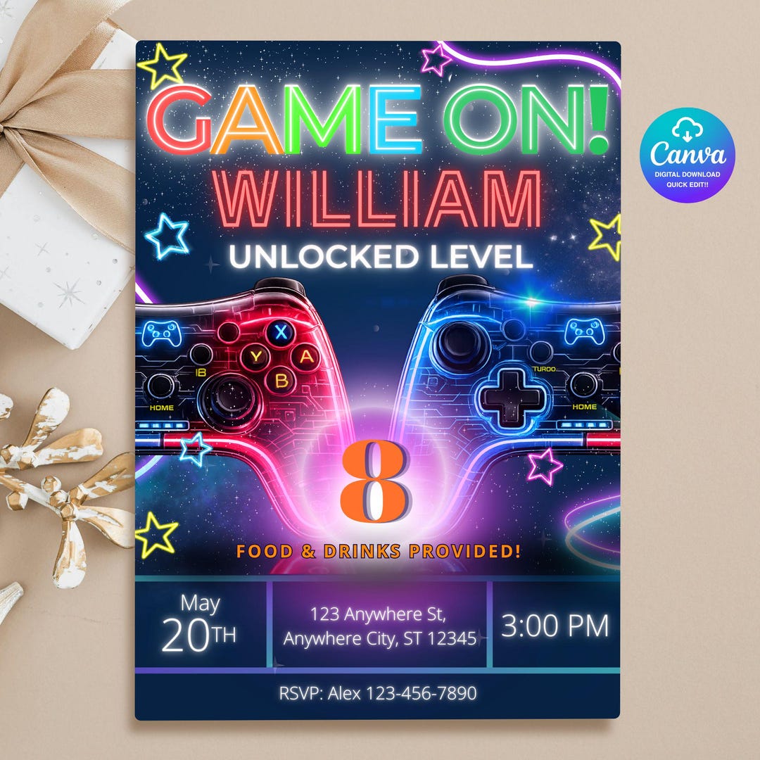 Video Game Birthday Invitation Template | Neon Gamer Party Invite ...