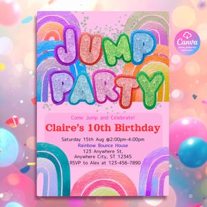 以下が含まれることがあります： ピンク色の誕生日パーティーの招待状。キラキラとカラフルな文字で「JUMP PARTY」と書かれています。招待状には、クレアの10歳の誕生日、虹のグラフィック、イベント情報などが記載されています。