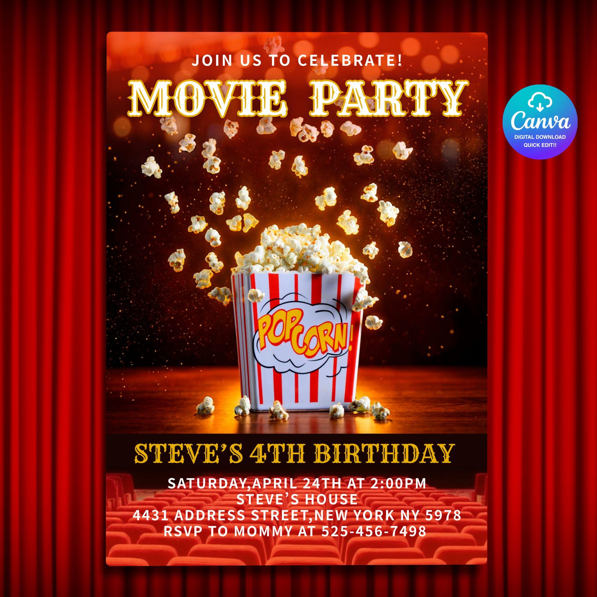 Movie Party Birthday Invitation Editable Canva | Cinema Popcorn ...