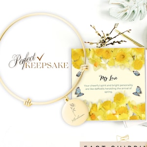 Sterling Silver Braceket Birth Flower Daffodil Flower Blossom Pendant Bracelet Name Gift Initial Birthstone Bracelet Personalized Gift Her