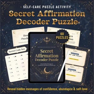 May include: A self-care puzzle activity set featuring a tablet displaying "Secret Affirmation Decoder Puzzle" with a stylus. Includes puzzle cards, a secret code key, and the text "Reveal hidden messages of confidence, abundance & self-love."