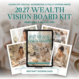 May include: A digital 2027 Wealth Vision Board Kit workbook featuring a tablet display with the text 2027 Wealth Vision Board, Concept 1, and Create Your Vision, Define Your Wealth, Design Your Abundance. Includes printable and digital PDF files.