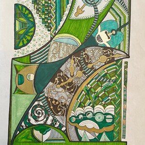 May include: Abstract art print featuring a green, gold, and black geometric design. The design is made up of various shapes and patterns, including circles, squares, and triangles.