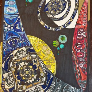original abstract geometric colorful marker gel pen black blue yellow red fun whimsical celestial intricate