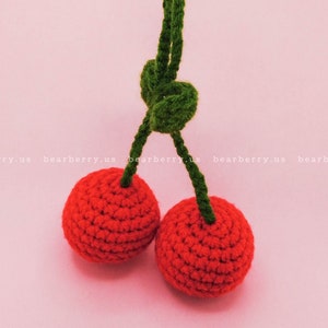 Crochet Cherry Car Mirror Charm, Cute Red Cherry Hanging Ornament, Car Rearview Mirror Decor, Handmade Crochet Cherry Mirror Charm