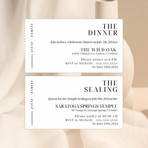 May include: Two black and white wedding invitation cards with a simple design. The top card is for a dinner at The Wild Oak on July 5th, 2024 at 6 PM. The bottom card is for a temple sealing on July 6th, 2024 at 10:30 AM at the Saratoga Springs Temple. Both cards have RSVP information and a deadline of June 26th, 2024.
