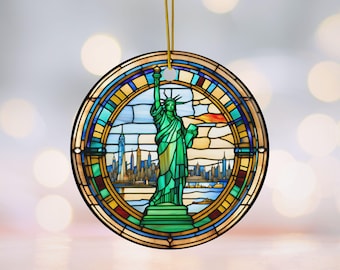 Vrijheidsbeeld Keramisch ornament gebrandschilderd glas NYC decor, New York kerstversiering, cadeau reizen minnaar, stadsgezicht vakantieornament