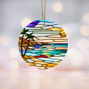 Sunset Beach Stained-Glass Motif Ceramic Ornament Coastal Decor, Tropical Christmas Decoration, Ocean Lover Gift, Palm Tree Holiday Ornament
