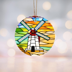 Classic Windmill Stained-Glass Motif Ceramic Ornament Countryside Decor, Rustic Christmas Decoration, Travel Lover Gift, Heritage Holiday