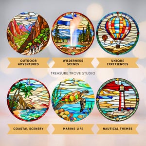 a series of stained glass images depicting different scenes