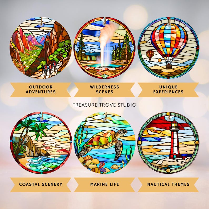a series of stained glass images depicting different scenes