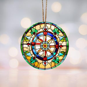 Dharma Wheel Stained-Glass Motif Ceramic Ornament, Spiritual Decor, Meditation Gift, Buddhist Symbol Keepsake, Holiday Ornament