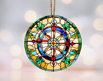 Dharma Wheel Stained-Glass Motif Ceramic Ornament, Spiritual Decor, Meditation Gift, Buddhist Symbol Keepsake, Holiday Ornament