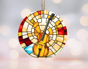 Cello Stained-Glass Motif Ceramic Ornament Music Lover Decor, Instrument Christmas Decoration, Classical Music Gift, Cello Holiday Keepsake