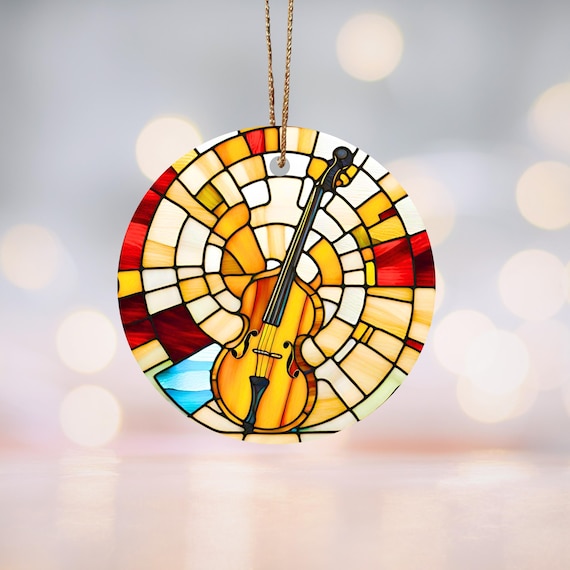 Cello Stained-Glass Motif Ceramic Ornament Music Lover Decor, Instrument Christmas Decoration, Classical Music Gift, Cello Holiday Keepsake