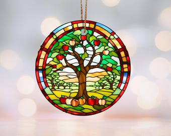 Apple Orchard Stained-Glass Motif, Farmhouse Ceramic Christmas Decor, Rustic Apple Tree Ornament, Nature Lover Gift for Holiday Decor, Gift