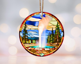 Old Faithful Geyser Stained-Glass Motif Ceramic Ornament, Yellowstone National Park Decor, Nature Gift, Scenic Holiday Keepsake