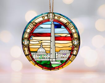 Washington DC Monuments StainedGlass Ceramic Ornament Patriotic Decor, US Capital Christmas Decoration, History Lover Gift, Memorial Memento