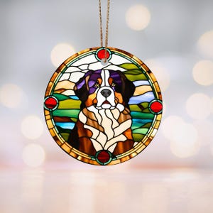Ornamento in ceramica con motivo in vetro colorato a forma di cane da montagna bernese, decorazione per amanti dei cani, decorazione natalizia per animali domestici, regalo per amanti degli animali, ricordo bernese