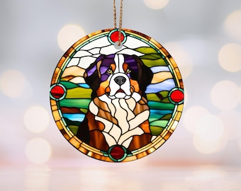 Ornamento in ceramica con motivo in vetro colorato a forma di cane da montagna bernese, decorazione per amanti dei cani, decorazione natalizia per animali domestici, regalo per amanti degli animali, ricordo bernese
