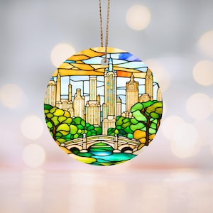 Central Park Witraż Motyw Ceramiczny Ornament NYC Decor, Dekoracja Bożonarodzeniowa w Nowym Jorku, Prezent Dla Miłośników Natury, Ozdoba Świąteczna W Krajobrazie Miejskim