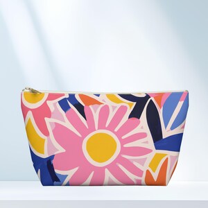 Bolsa de accesorios con flores de colores y base en T, bolsa de maquillaje con flores, estuche de cosméticos vibrante, organizador de viaje brillante, bolsa de artículos de tocador abstracta, regalo