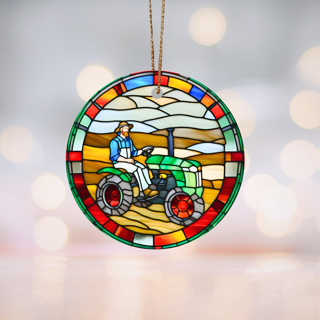 Farmer on Tractor Stained-glass Motif Ceramic Ornament Farm Decor ...