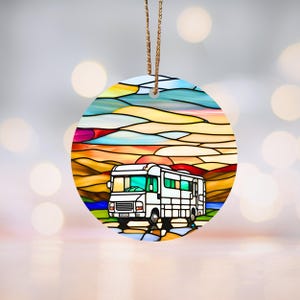 Class A RV Stained Glass Motif Ceramic Ornament Design at Sunset, Gift for Campers, RV Owners, Christmas, Holiday Decor, RV Enthusiasts,
