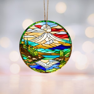Mount Fuji Stained-Glass Motif Ceramic Ornament, Japan Scenic Decor, Nature Lover Gift, Iconic Landmark Keepsake, Holiday Ornament