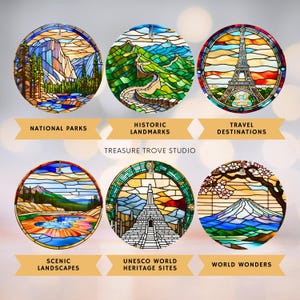 a series of stained glass images of different places