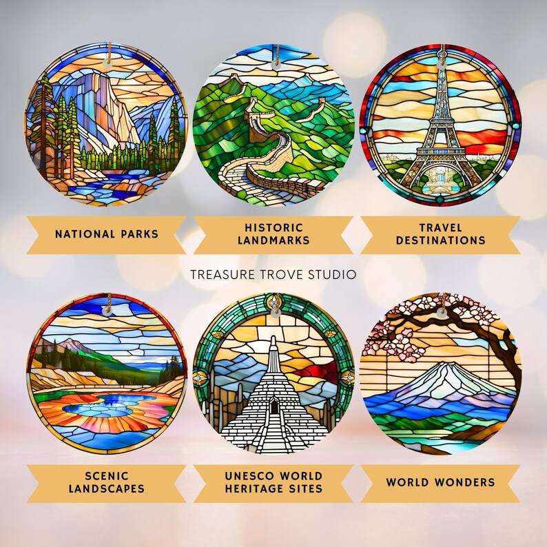 a series of stained glass images of different places