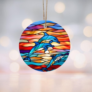 Dolphins Sunset Stained-Glass Motif Ceramic Ornament, Ocean Decor, Coastal Christmas Decoration, Dolphin Lover Gift, Beach Theme Holiday