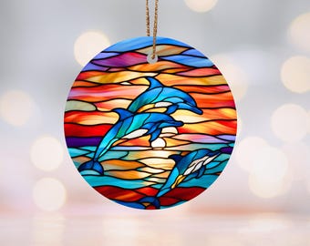 Dolphins Sunset Stained-Glass Motif Ceramic Ornament, Ocean Decor, Coastal Christmas Decoration, Dolphin Lover Gift, Beach Theme Holiday