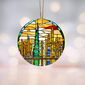 Dubai Stained-Glass Motif Ceramic Ornament Cityscape Decor, Modern Christmas Decoration, Travel Lover Gift, Dubai Skyline Holiday Keepsake