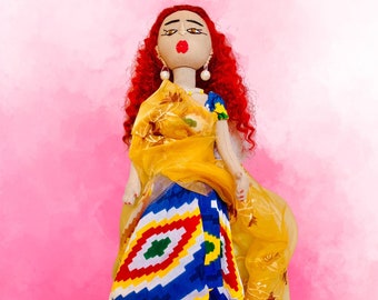 Asian Doll with Red Curly Hair Doll Long Curly Hair Indian Doll Handcrafted Redhead Doll Doll Wearing Sari