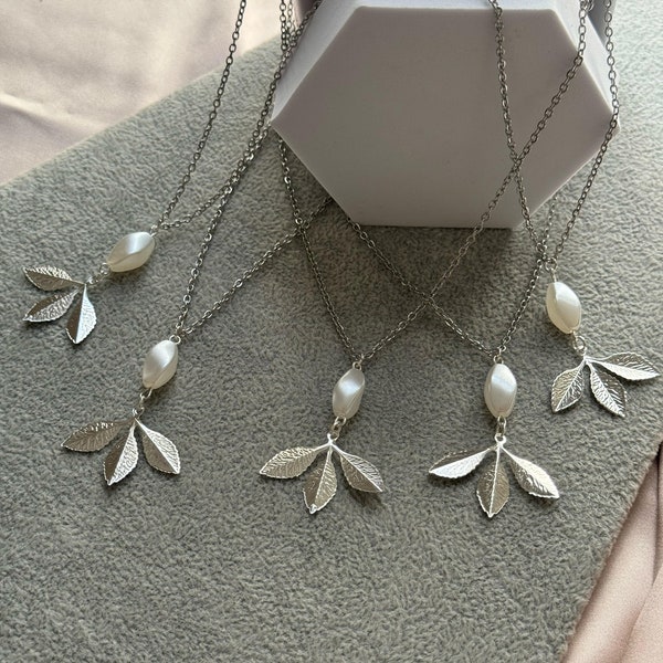 Stainless Steel Necklace with Silver Plated Three-leaf, Imitation Pearl Charms