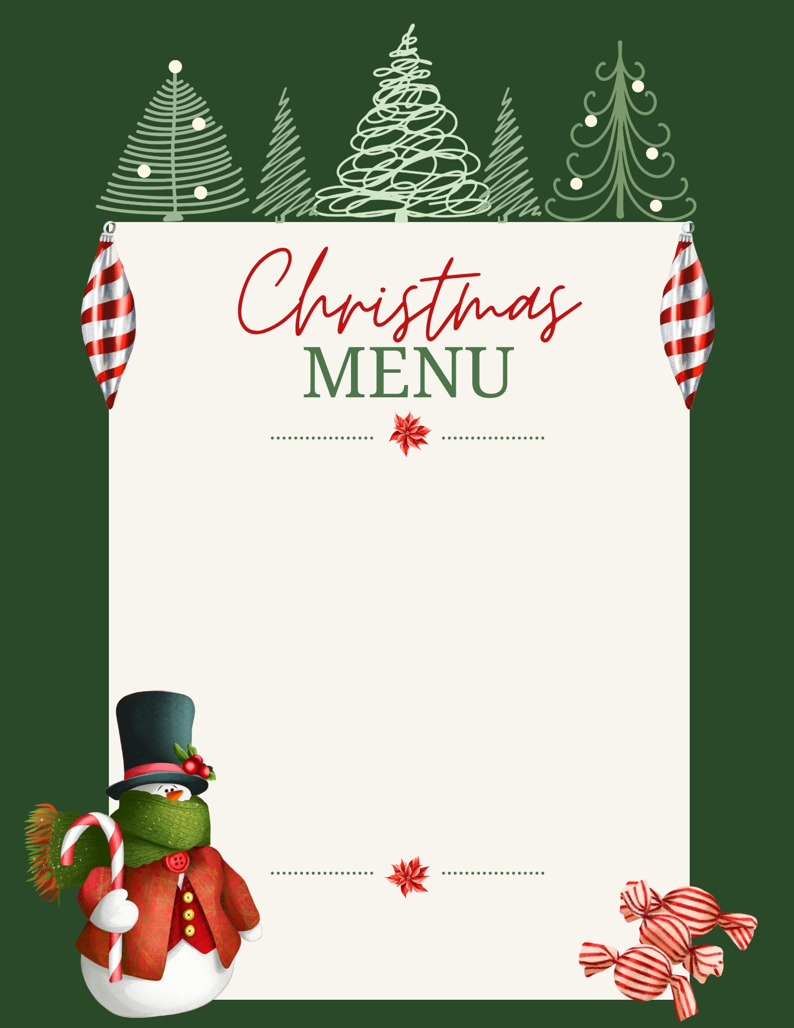 christmas menu digital download, snowman, trees, downloadable - etsy