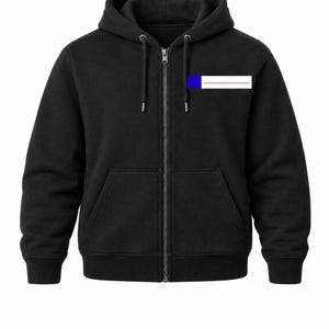 May include: A black zip-up hoodie featuring a hood with drawstrings and a front zip fastening. On the upper left chest, there is a rectangular graphic consisting of a solid blue square followed by a white horizontal bar with a thin red line.